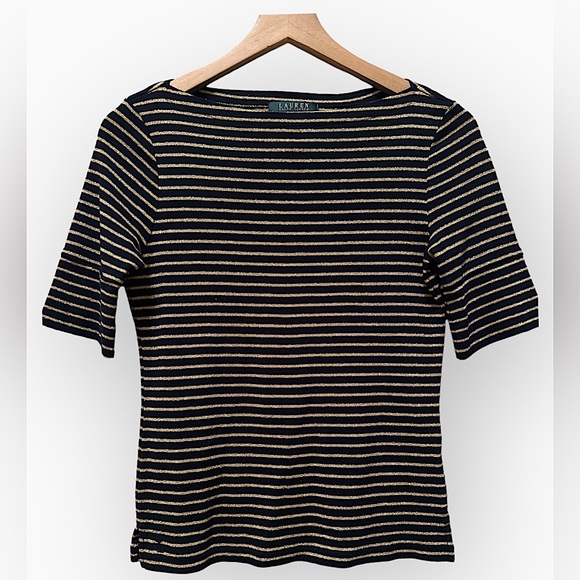 Ralph Lauren Black Gold Boatneck Nautical Short Sleeve Dress Top Size Medium - Picture 1 of 3